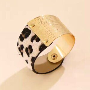 New Statement Leopard Print Bracelet Gold Textured Metal Wide Animal Print